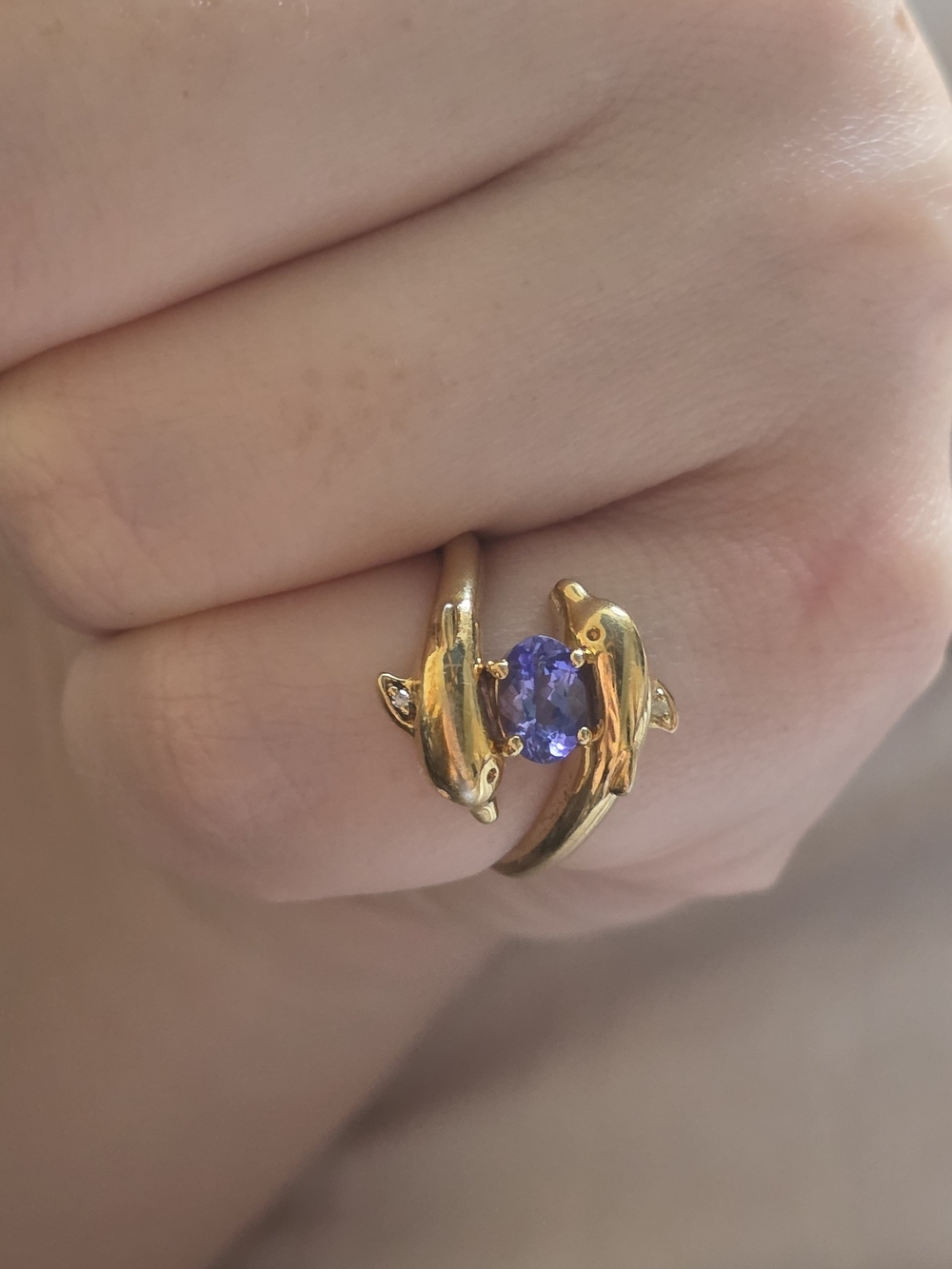 Estate Sale Tanzanite & 925 Silver Dolphin Ring, Diamond Accents, Plated 18kGold